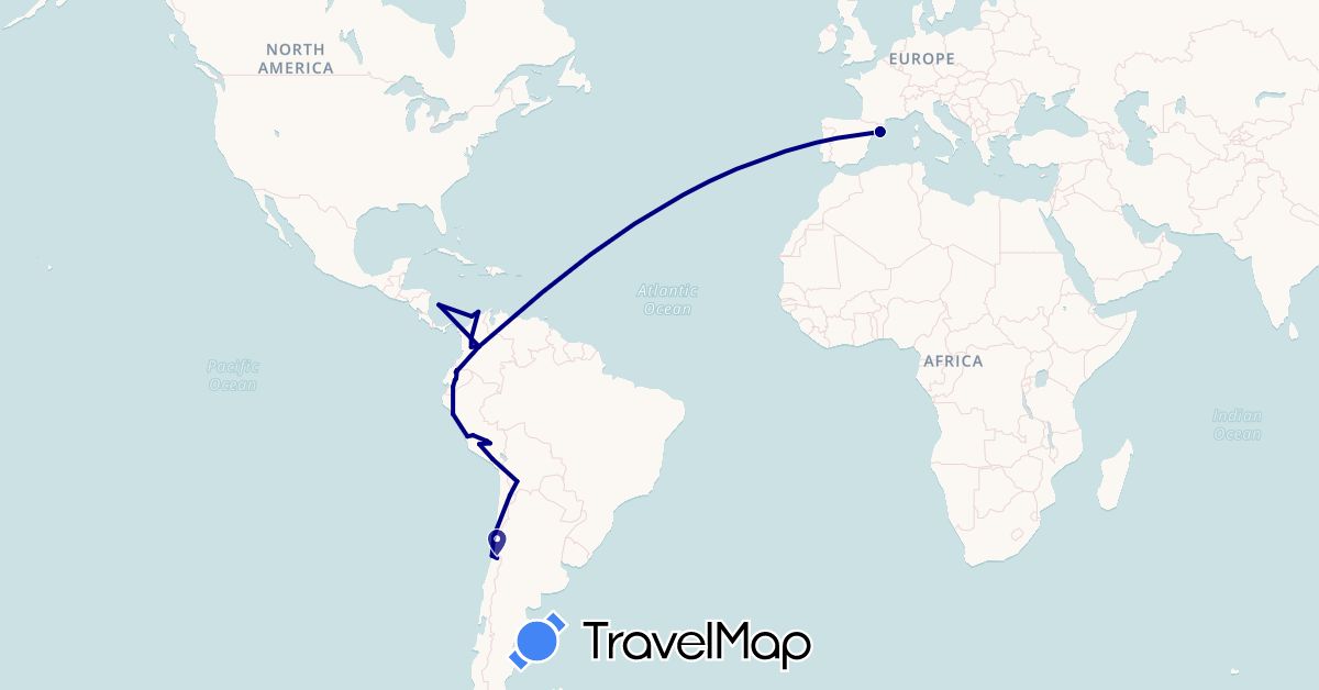 TravelMap itinerary: driving in Bolivia, Chile, Colombia, Ecuador, Spain, Peru (Europe, South America)